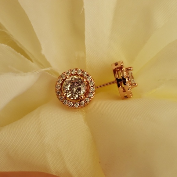 Round Rose Gold Earrings with Real Cubic Zirconia - Picture 5 of 7